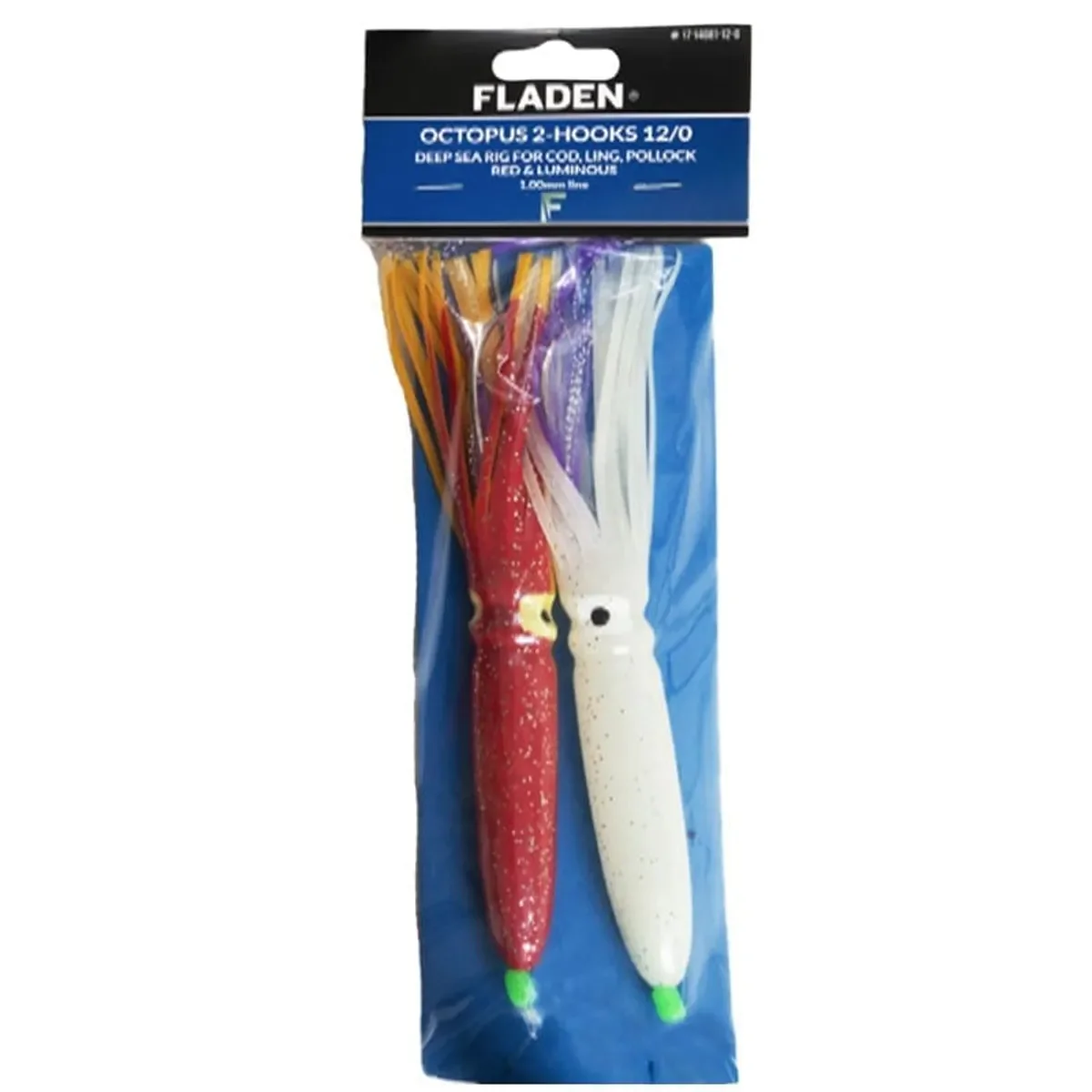 Bläckfisk Två krokar 12/0 1.0mm lina torsk. sej långa röd &självlysande - Bild 2